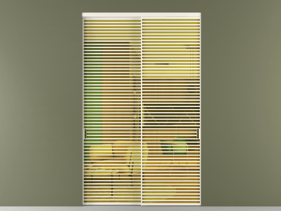 Алюминевая перегородка vn2_07_ Алюминий пудровый белый Прозрачное жёлтое стекло, триплекс, 6мм. Цвет Алюминий пудровый белый. Материал Алюминий в эмали. Коллекция Перегородка Formato внутри проёма 2 створки. Картинка.