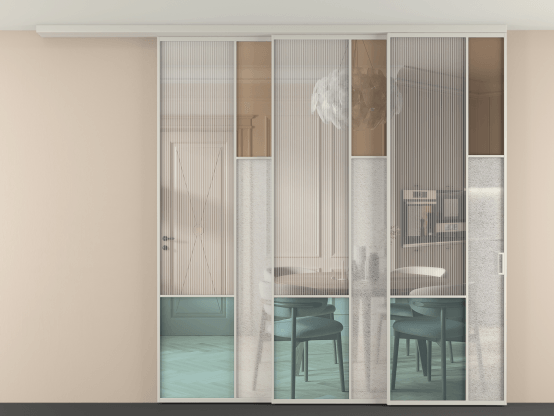 Алюминевая перегородка vdt3_8 Алюминий тёплый серый Четыре стекла. Цвет Алюминий тёплый серый. Материал Алюминий в эмали. Коллекция Перегородка Mosaic вдоль стены на потолок 3 створки с синхронным механизмом. Картинка.