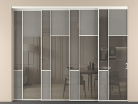 Алюминевая перегородка vntl4_5 Алюминий тёплый серый Серый сатин матовое + Серый прозрачное. Цвет Алюминий тёплый серый. Материал Алюминий в эмали. Коллекция Перегородка Мозаик внутри проёма 4 створки с синхронным механизмом. Картинка.