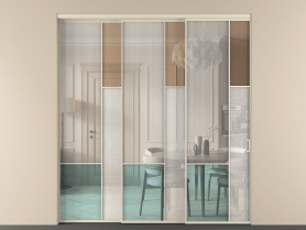 Алюминевая перегородка vnt3_8 Алюминий бежево-серый Четыре стекла. Цвет Алюминий бежево-серый. Материал Алюминий в эмали. Коллекция Перегородка Mosaic внутри проёма 3 створки с синхронным механизмом. Картинка.