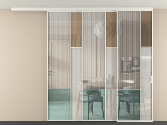 Алюминевая перегородка vdt3_8 Алюминий светло-серый Четыре стекла. Цвет Алюминий светло-серый. Материал Алюминий в эмали. Коллекция Перегородка Mosaic вдоль стены на потолок 3 створки с синхронным механизмом. Картинка.