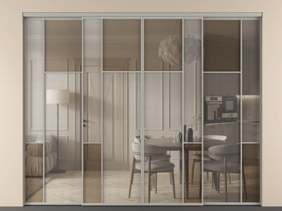 Алюминевая перегородка vnt4_5_АНСР_MS+Бронза триплекс_new. Цвет Алюминий нейтральный серый. Материал Алюминий в эмали. Коллекция Перегородка Mosaic внутри проёма 4 створки. Картинка.